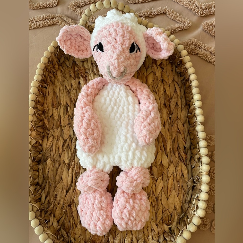 HANDMADE CROCHET LAMB SNUGGLER KNOTTED LOVEY Plush Pink and White
